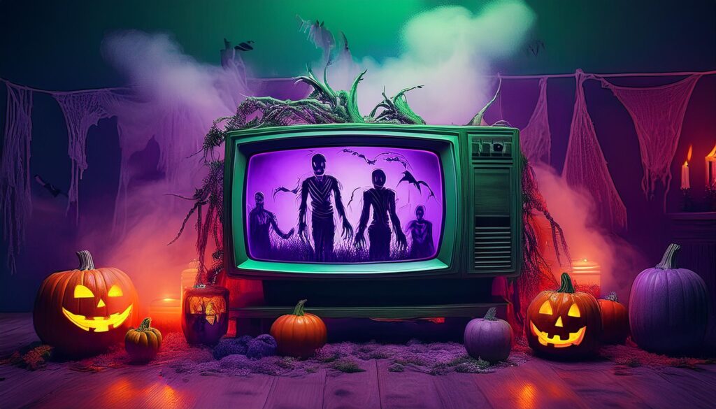 halloween art with zombies on old tv screen